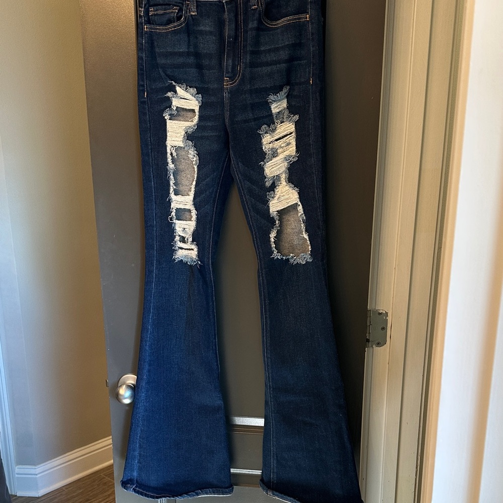 Cello Dark Blue Distressed Flare Jeans